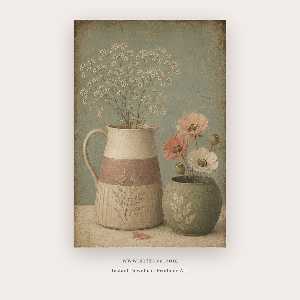 Sage Vessels painting 1 of 3 - a rustic ceramic vessel arrangement with small flowers and branches, in sage green and beige