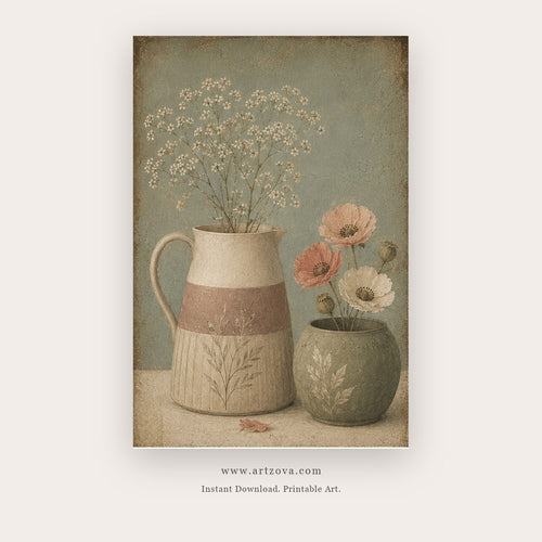 Sage Vessels painting 1 of 3 - a rustic ceramic vessel arrangement with small flowers and branches, in sage green and beige