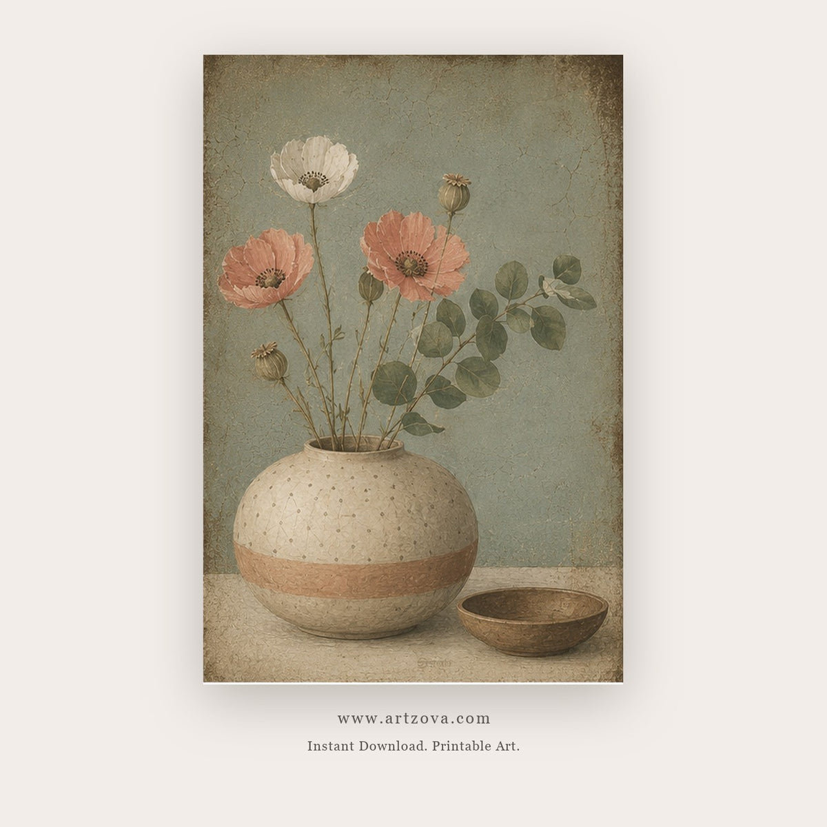 Sage Vessels painting 2 of 3 - a rustic ceramic vessel arrangement with small flowers and branches, in sage green and beige