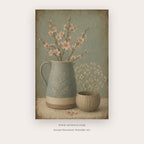 Sage Vessels painting 3 of 3 - a rustic ceramic vessel arrangement with small flowers and branches, in sage green and beige