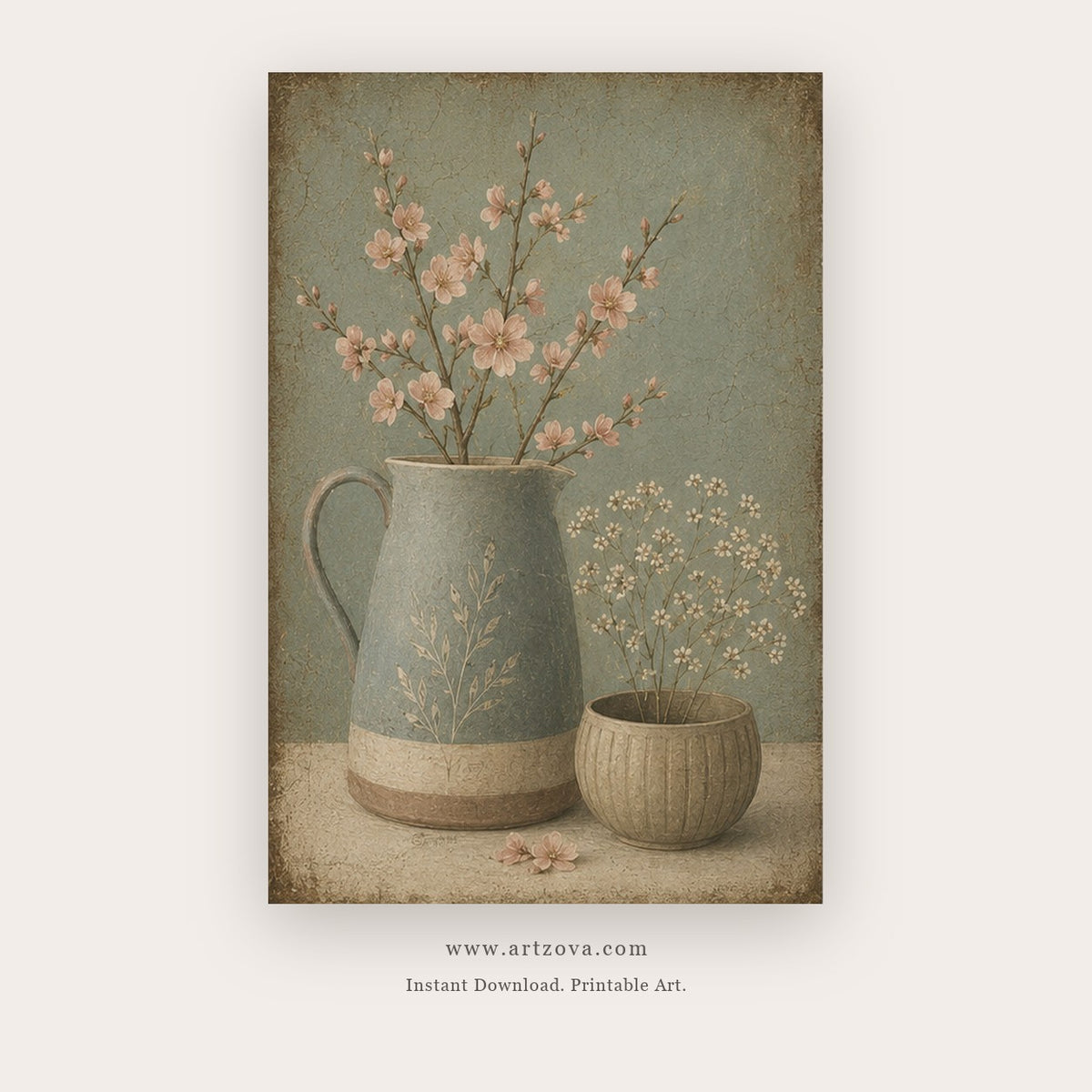 Sage Vessels painting 3 of 3 - a rustic ceramic vessel arrangement with small flowers and branches, in sage green and beige