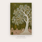 Trees of Time painting 1 of 3 - an ornate white tree against a deep blue ground, in blue and red