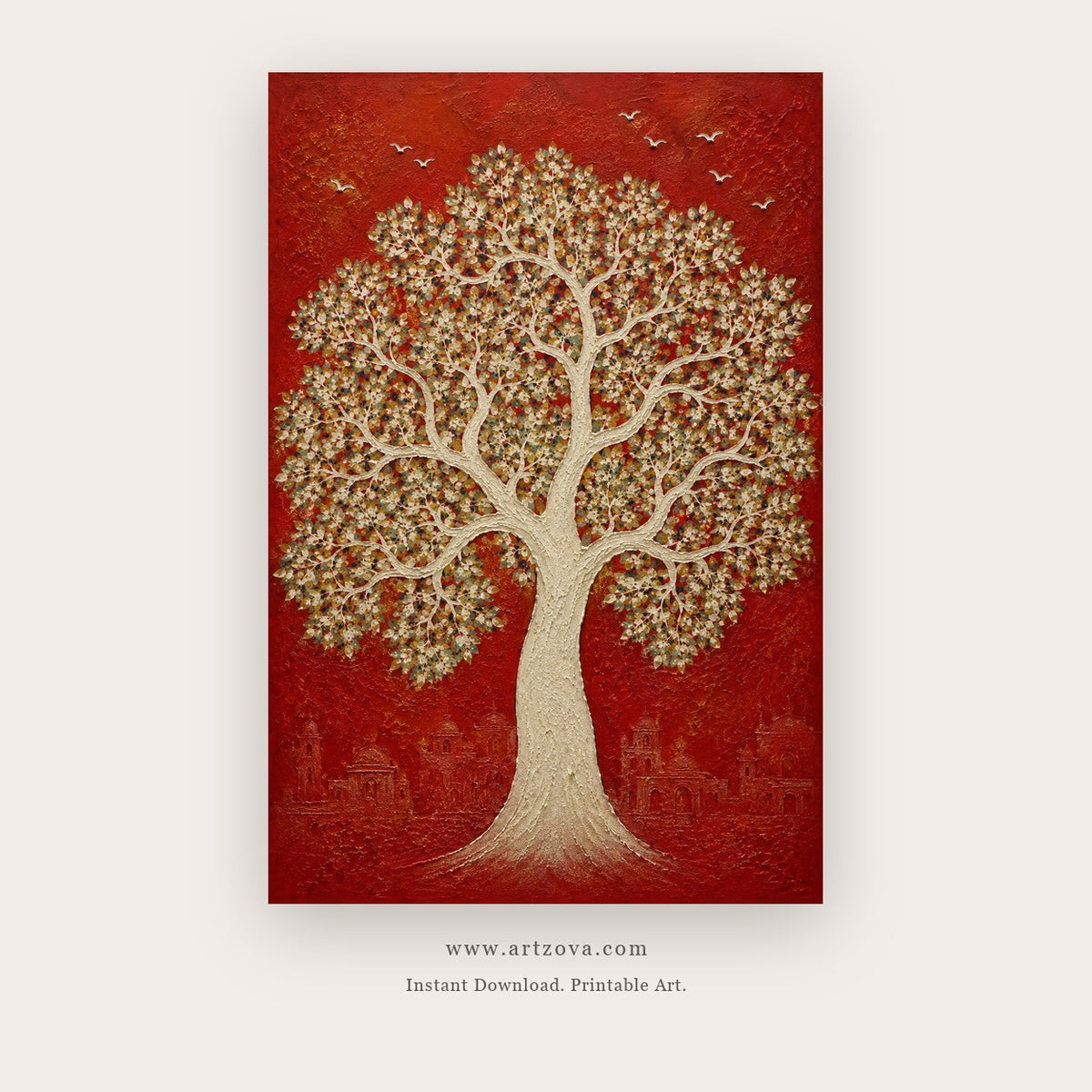 Trees of Time painting 2 of 3 - an ornate white tree against an olive ground, in blue and red