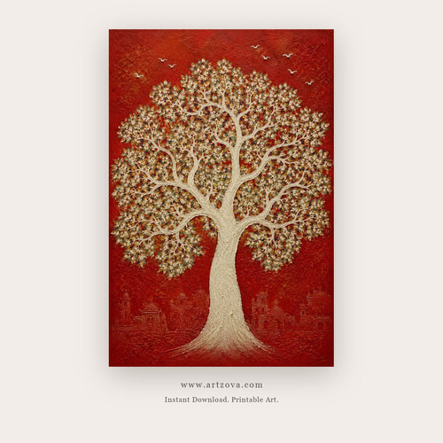 Trees of Time painting 2 of 3 - an ornate white tree against an olive ground, in blue and red