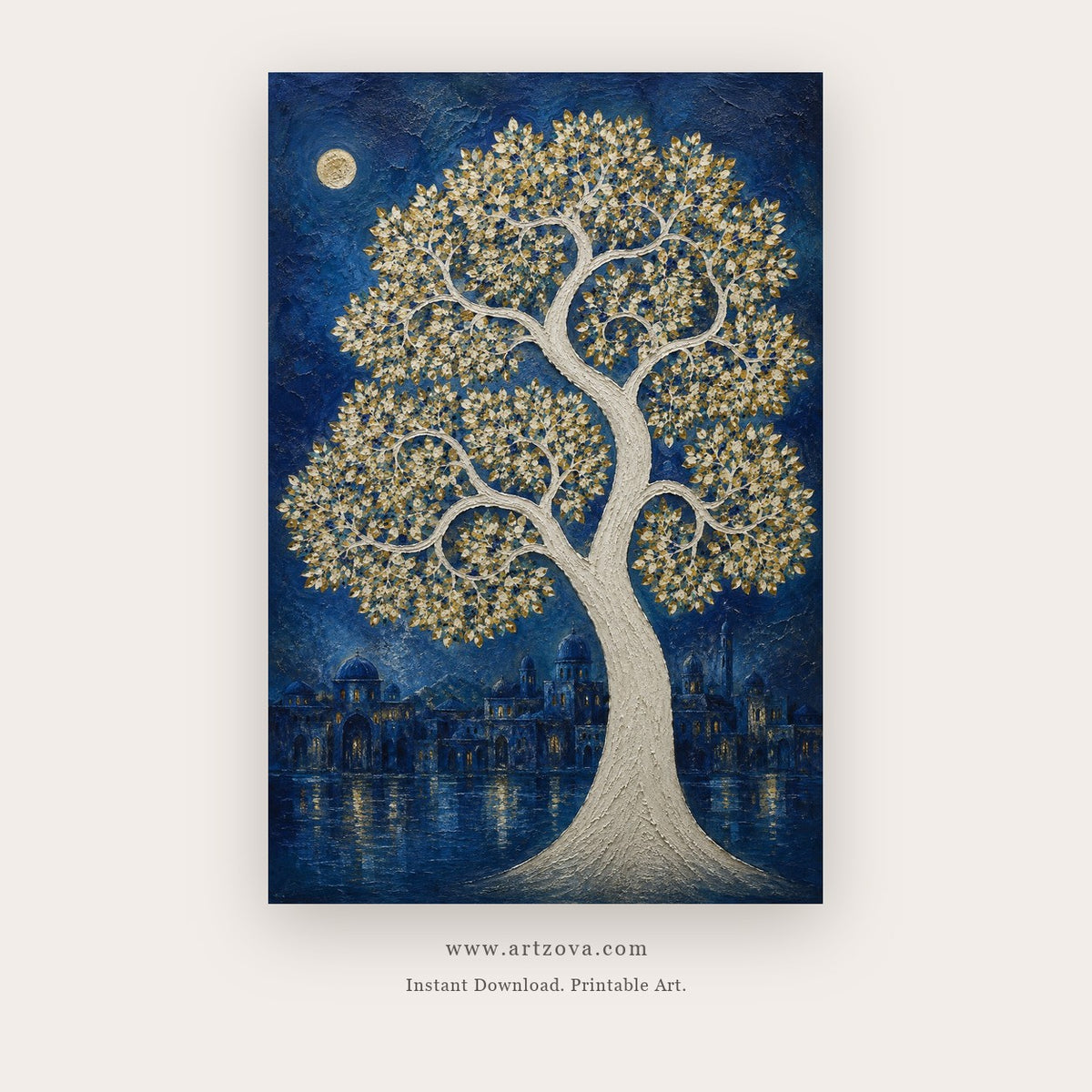 Trees of Time painting 3 of 3 - an ornate white tree against a deep red ground, in blue and red