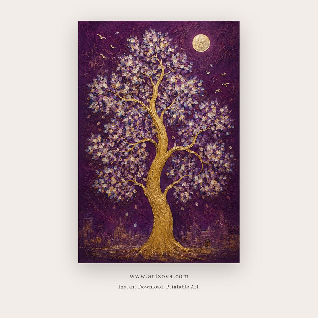 Twin Life Trees painting - a radiant tree of life on a jewel-toned purple ground, in red and purple