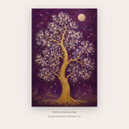 Twin Life Trees painting - a radiant tree of life on a jewel-toned purple ground, in red and purple