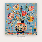 Festival Blooms painting 1 of 2 - an exuberant patterned bouquet in an ornate vessel on an aqua ground, in aqua and coral