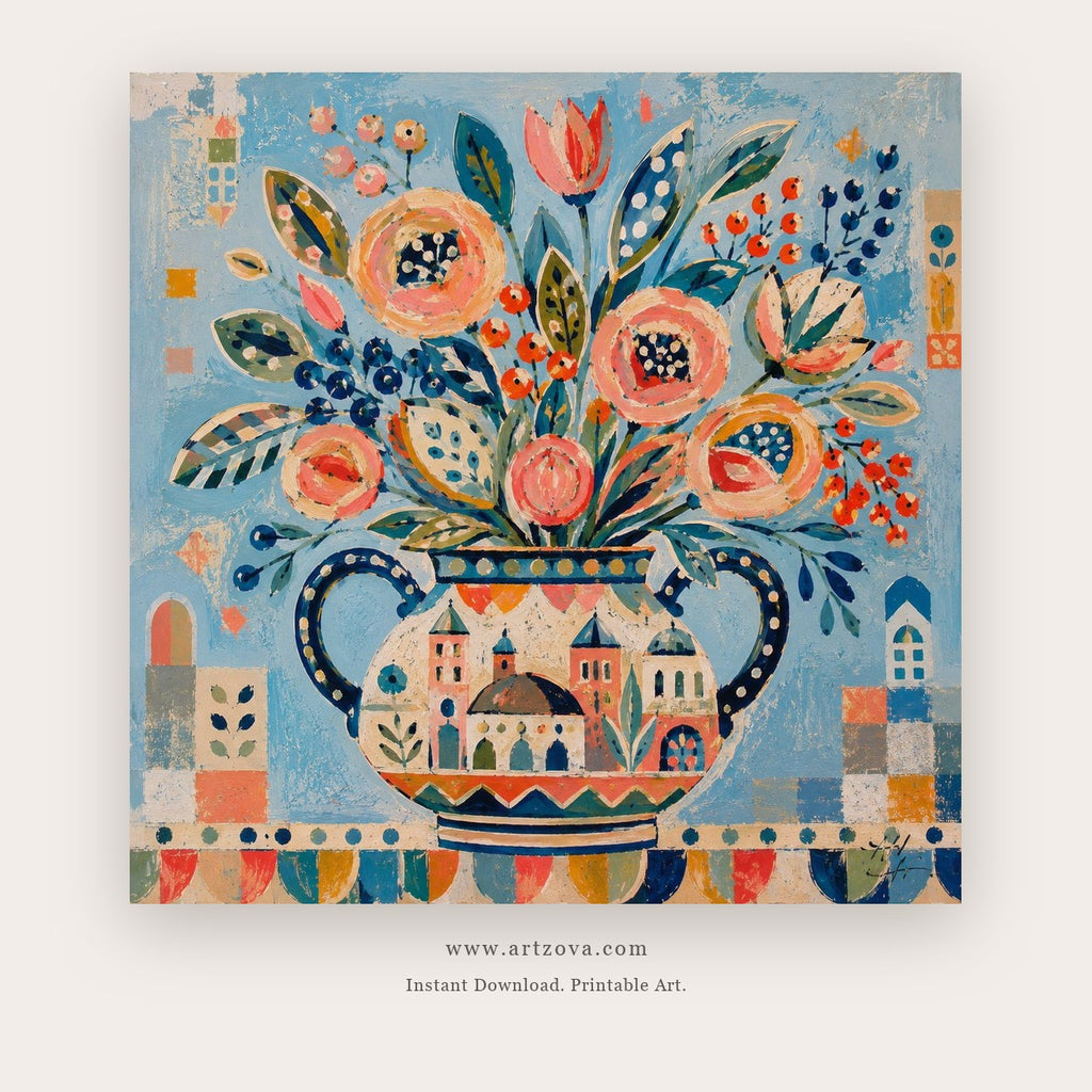 Festival Blooms painting 2 of 2 - a coordinated exuberant patterned bouquet in an ornate vessel on an aqua ground, in aqua and coral