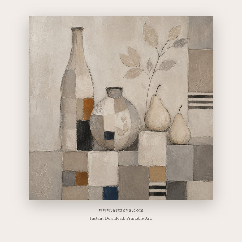 Porcelain Calm painting 1 of 2 - a cubist arrangement of ceramic bottles, flowers and pears, in gray and ivory