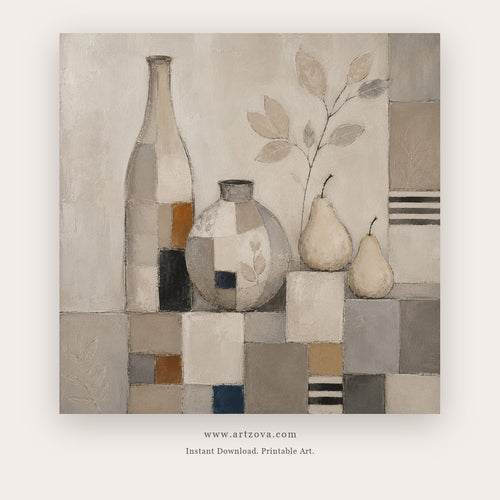 Porcelain Calm painting 1 of 2 - a cubist arrangement of ceramic bottles, flowers and pears, in gray and ivory