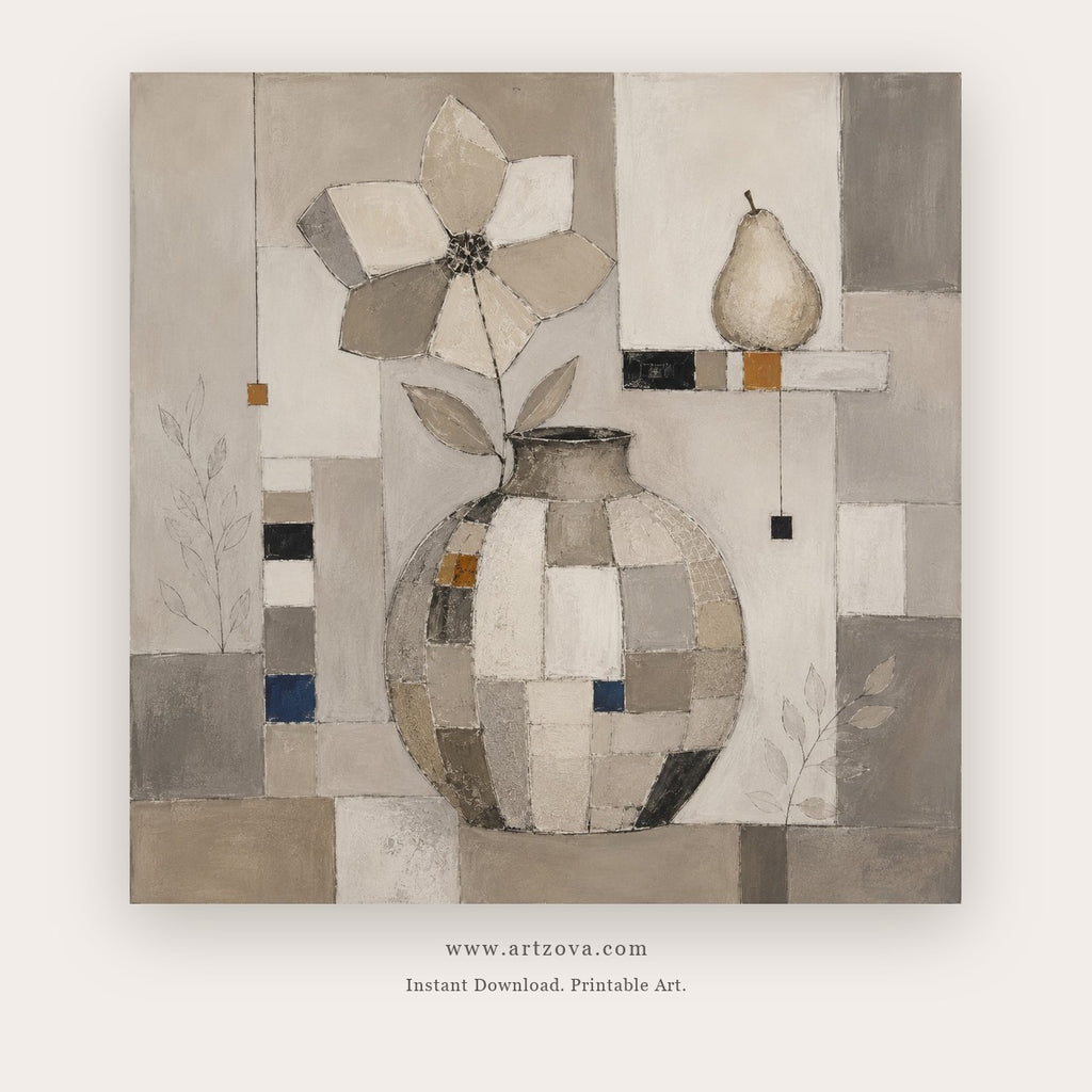 Porcelain Calm painting 2 of 2 - a coordinated cubist arrangement of ceramic bottles, flowers and pears, in gray and ivory