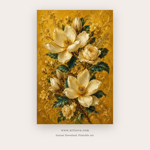 Gilded Bouquet painting 1 of 4 - a richly detailed vintage bouquet on a warm golden ground, in golden yellow and burgundy