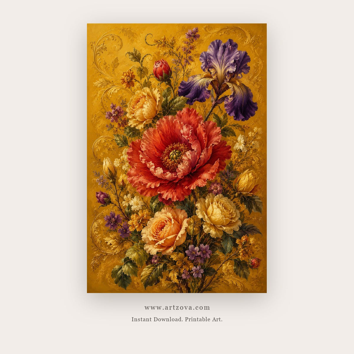 Gilded Bouquet painting 2 of 4 - a richly detailed vintage bouquet on a warm golden ground, in golden yellow and burgundy