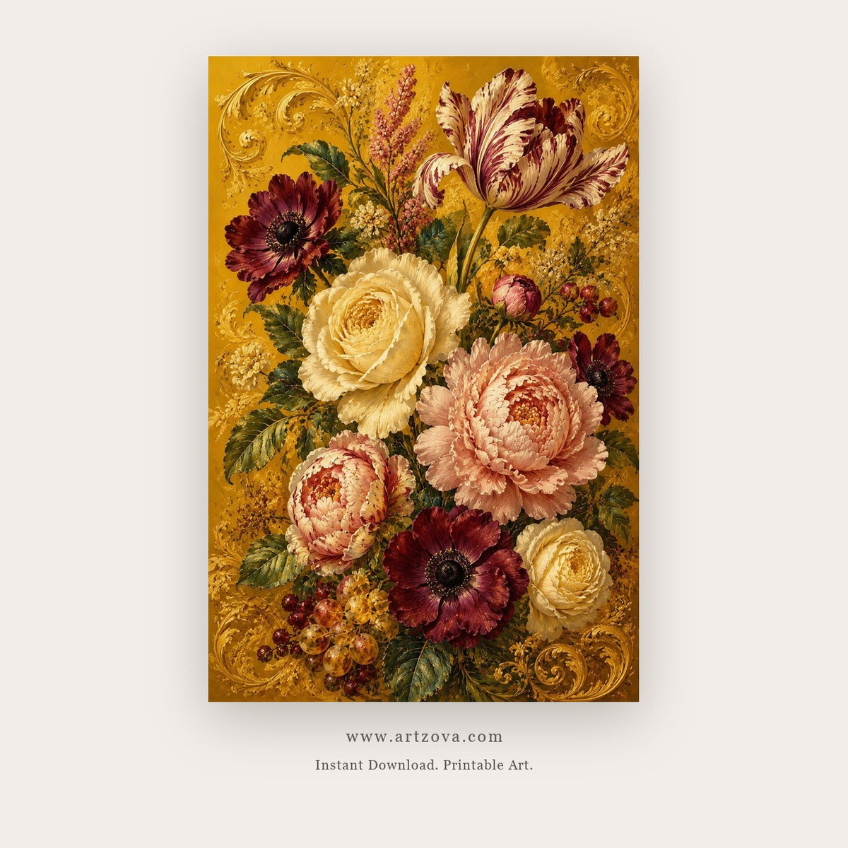 Gilded Bouquet painting 3 of 4 - a richly detailed vintage bouquet on a warm golden ground, in golden yellow and burgundy