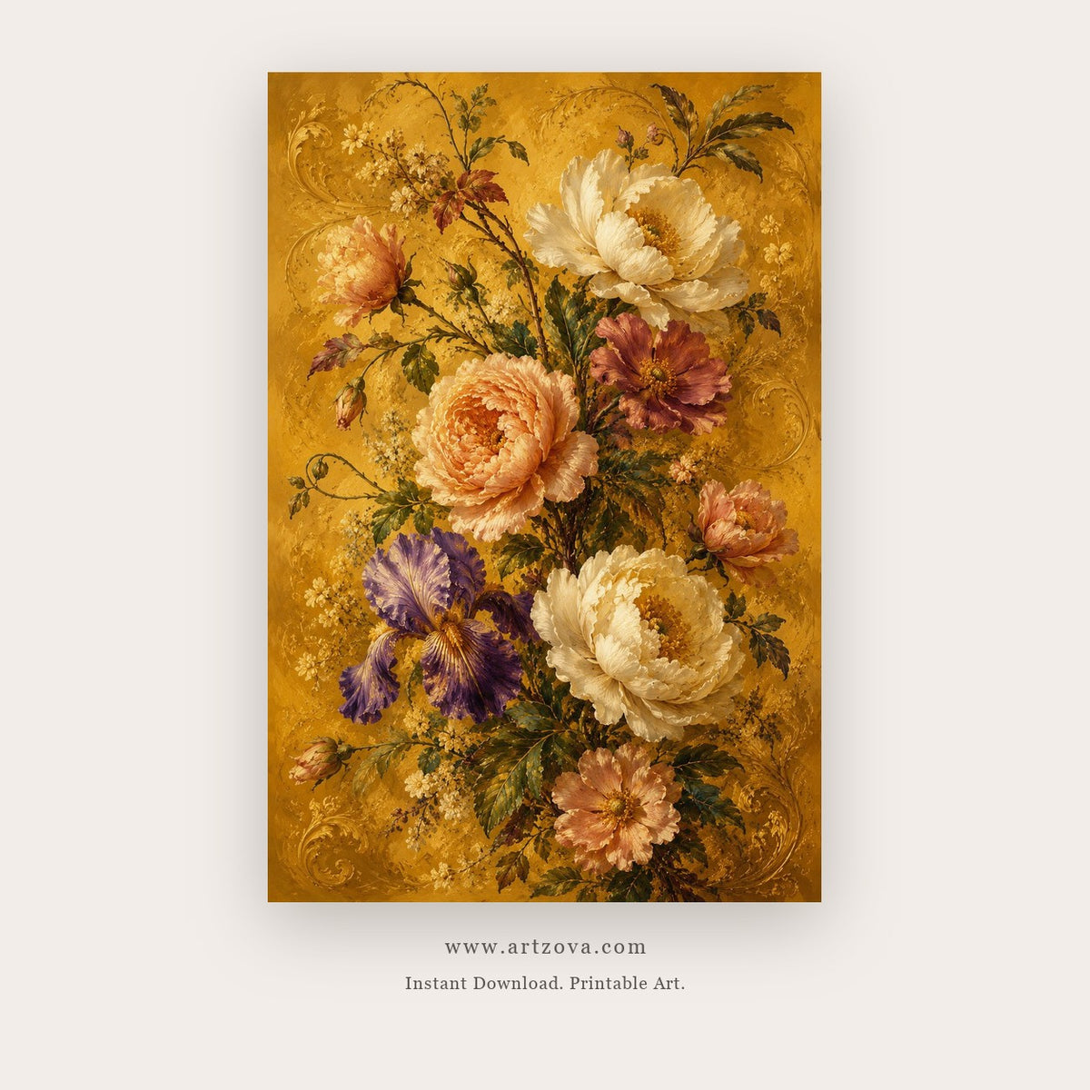 Gilded Bouquet painting 4 of 4 - a richly detailed vintage bouquet on a warm golden ground, in golden yellow and burgundy