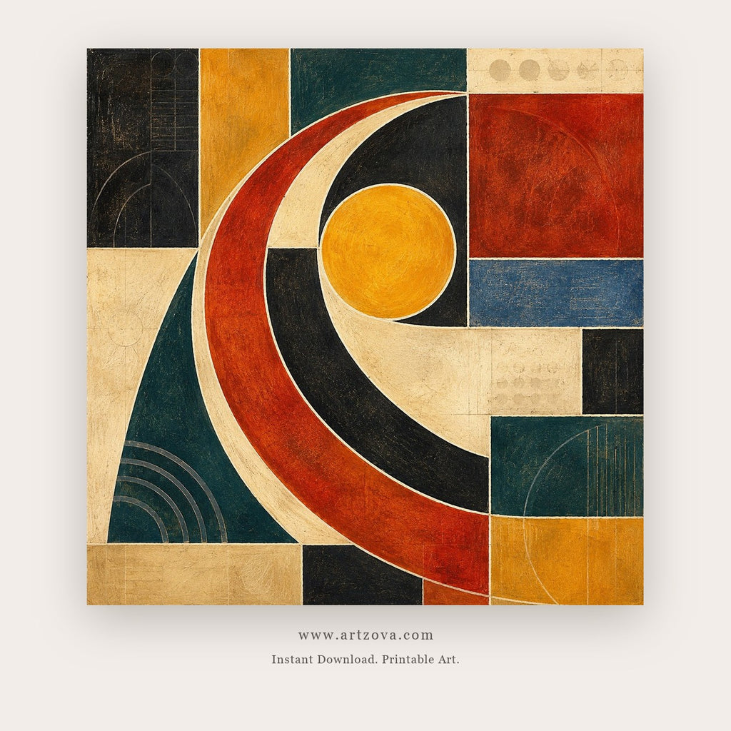 Orbit in Motion painting - bold curved forms and a golden orb arranged in a geometric grid, in rust and teal