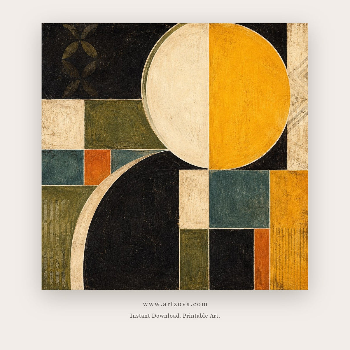 Orbit Quartet painting - a bold geometric composition of arcs, circles and color blocks, in mustard yellow and rust