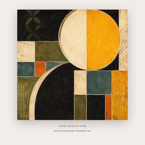Orbit Quartet painting - a bold geometric composition of arcs, circles and color blocks, in mustard yellow and rust