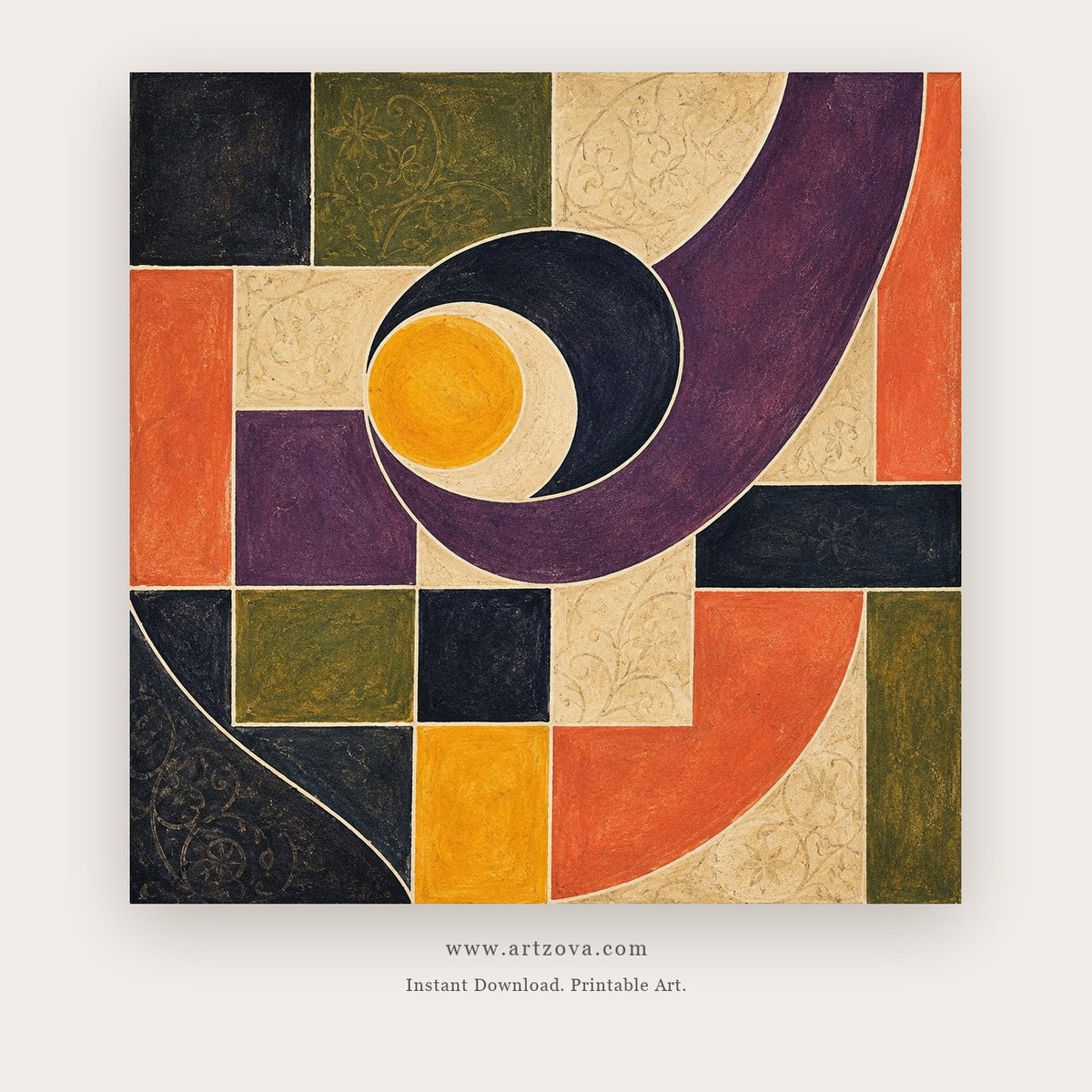 Orbit Quartet painting - a bold geometric composition of arcs, circles and color blocks, in mustard yellow and rust