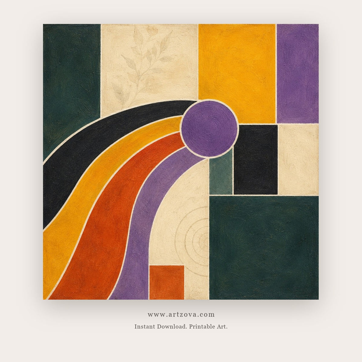 Orbit Quartet painting - a bold geometric composition of arcs, circles and color blocks, in mustard yellow and rust