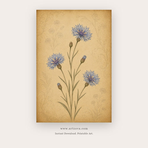 Meadow Notes painting 1 of 3 - a vintage botanical study of blue and pink wildflowers, in beige and blue
