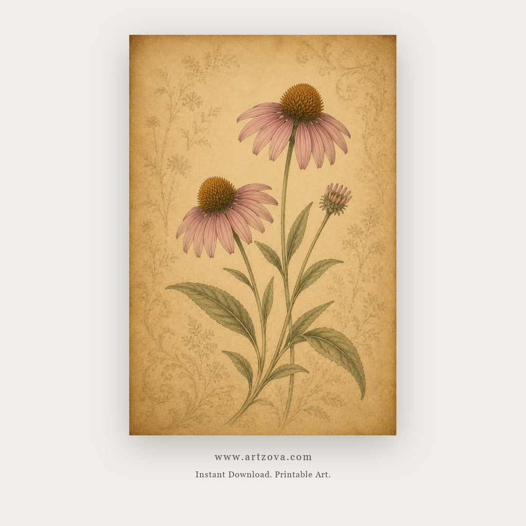 Meadow Notes painting 2 of 3 - a vintage botanical study of blue and pink wildflowers, in beige and blue