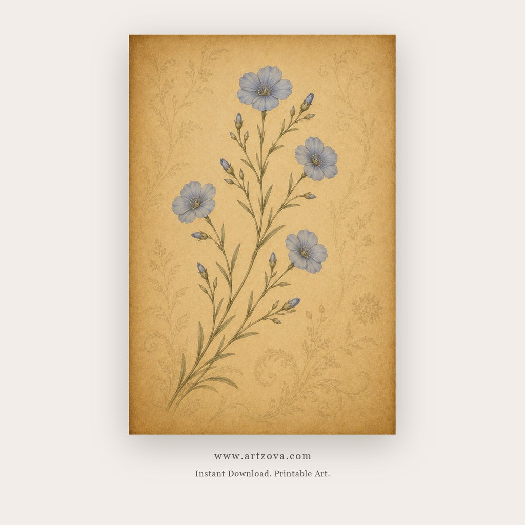 Meadow Notes painting 3 of 3 - a vintage botanical study of blue and pink wildflowers, in beige and blue