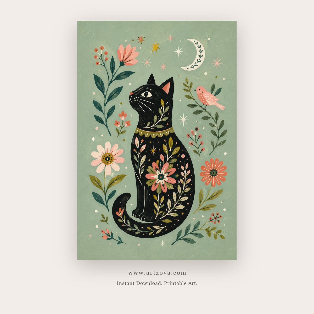 Moonlit Friends painting - a white bird amid flowers beneath a crescent moon, in sage green and black