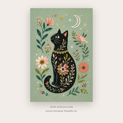 Moonlit Friends painting - a white bird amid flowers beneath a crescent moon, in sage green and black