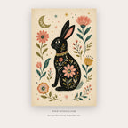 Moonlit Menagerie painting 1 of 2 - a decorated bird surrounded by flowers, stars and moons, in black and coral
