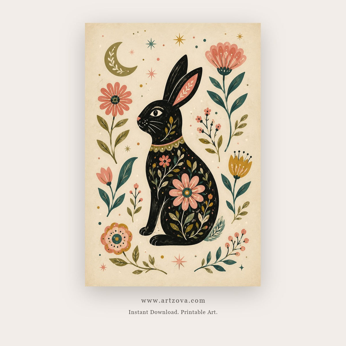 Moonlit Menagerie painting 1 of 2 - a decorated bird surrounded by flowers, stars and moons, in black and coral