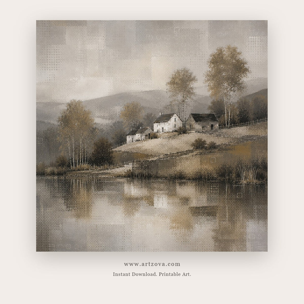 Lakeside Cottage painting - a secluded cottage on gentle hills above a glassy lake, in gray and beige