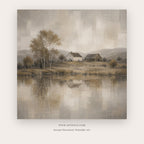 Misty Homestead painting - a quiet farmhouse reflected in still water beneath a hazy sky, in gray and beige
