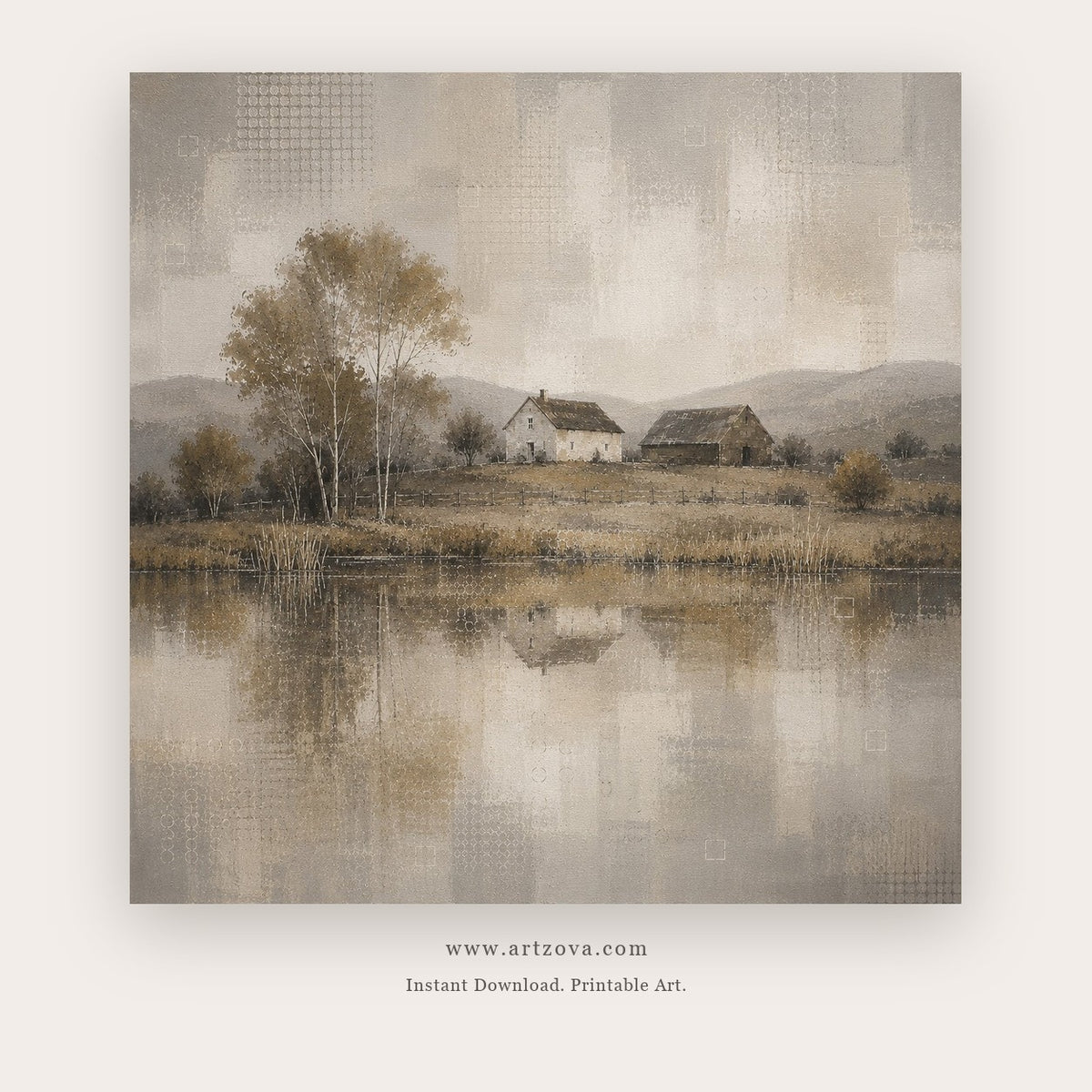 Misty Homestead painting - a quiet farmhouse reflected in still water beneath a hazy sky, in gray and beige