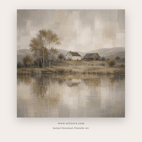 Misty Homestead painting - a quiet farmhouse reflected in still water beneath a hazy sky, in gray and beige