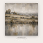 Tonalist countryside landscape painting - a cottage beside a reflective pond, in gray and beige