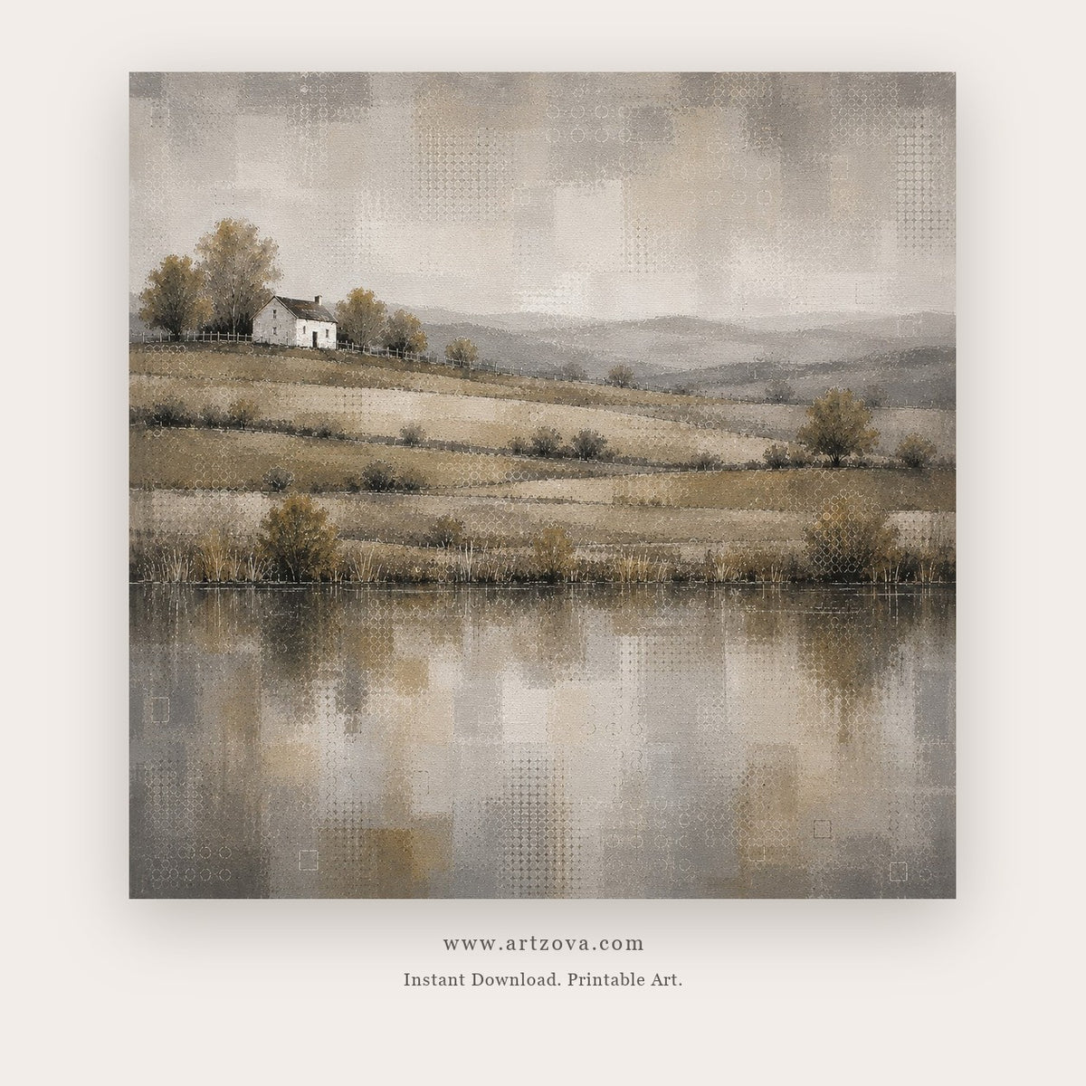 Tonalist countryside landscape painting - a cottage beside a reflective pond, in gray and beige