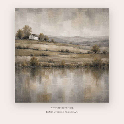 Tonalist countryside landscape painting - a cottage beside a reflective pond, in gray and beige
