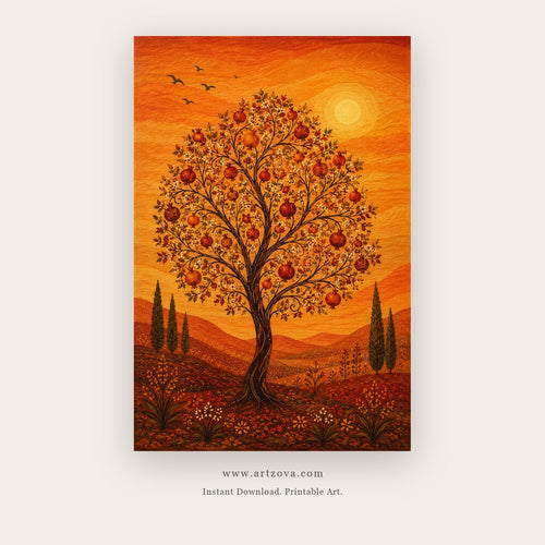 Autumn Twins painting 1 of 2 - a glowing orange tree landscape with a sun, birds and rolling fields, in orange and burgundy