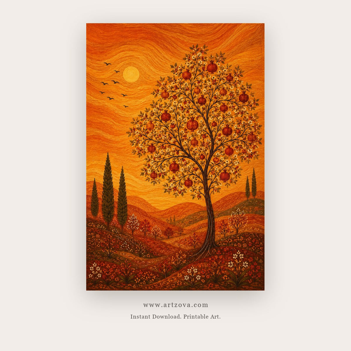 Autumn Twins painting 2 of 2 - a coordinated glowing orange tree landscape with a sun, birds and rolling fields, in orange and burgundy