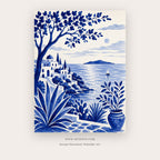 Cobalt Coast painting 1 of 2 - a cobalt coastal view with a whitewashed village, trees and sea, in cobalt blue and white