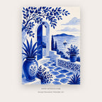 Cobalt Coast painting 2 of 2 - a coordinated cobalt coastal view with a whitewashed village, trees and sea, in cobalt blue and white