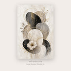 Lunar Harmony painting 1 of 3 - a layered black, gray and cream circle softened with leaves and flowers, in beige and charcoal