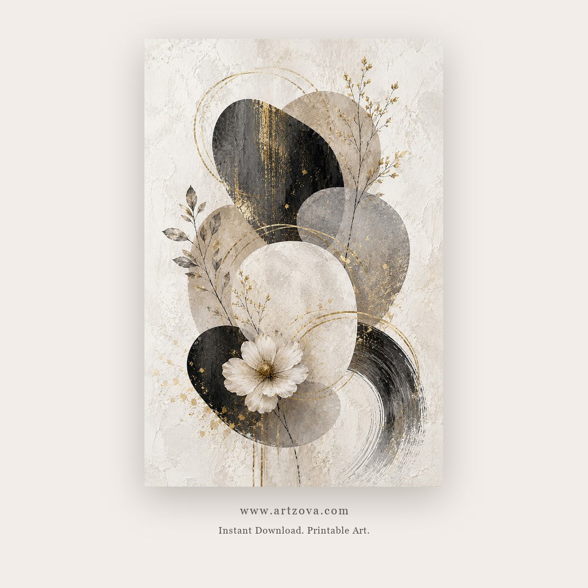 Lunar Harmony painting 1 of 3 - a layered black, gray and cream circle softened with leaves and flowers, in beige and charcoal