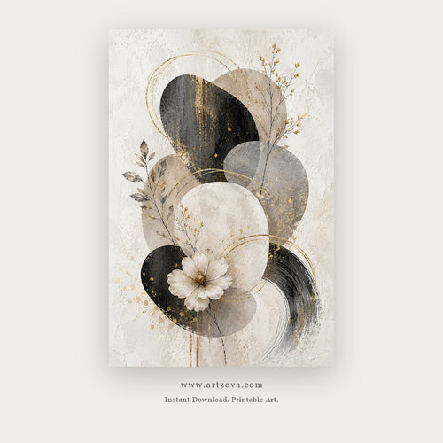 Lunar Harmony painting 1 of 3 - a layered black, gray and cream circle softened with leaves and flowers, in beige and charcoal
