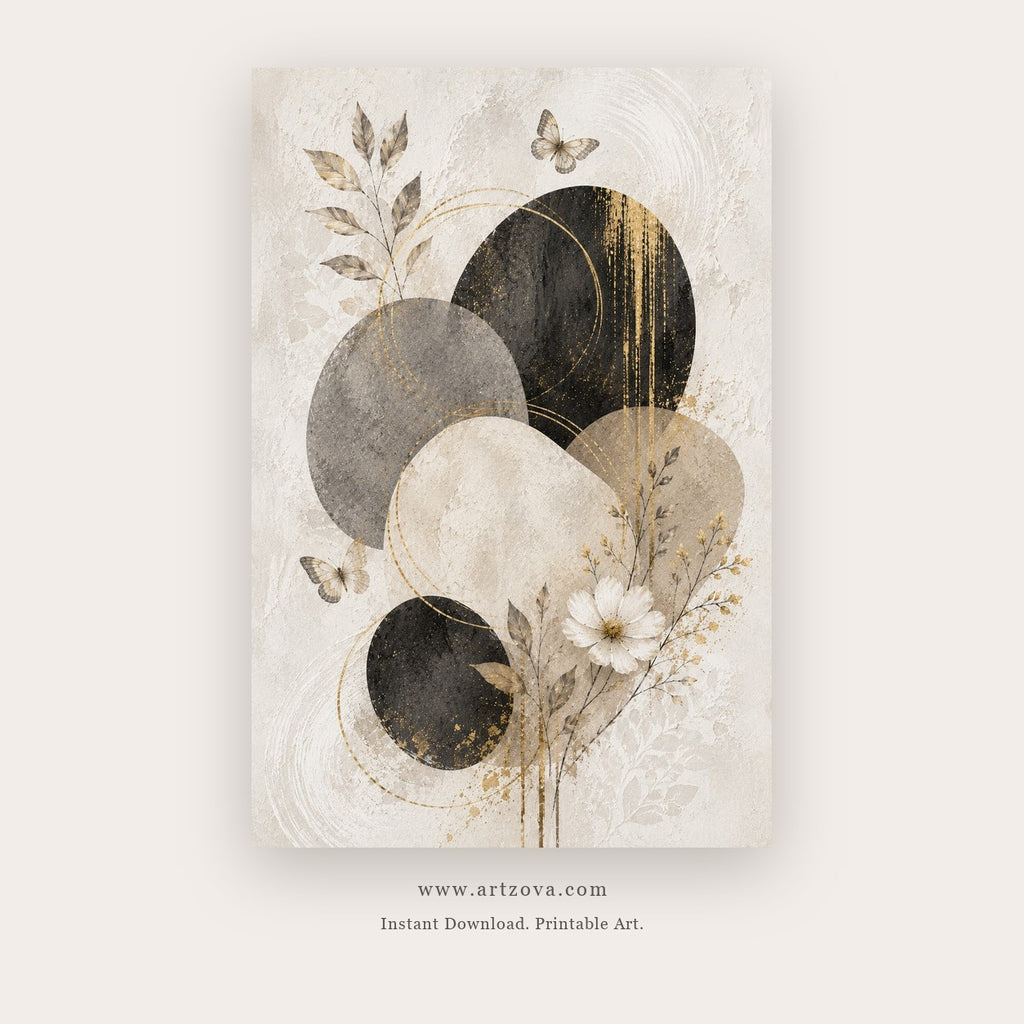 Lunar Harmony painting 2 of 3 - a layered black, gray and cream circle softened with leaves and flowers, in beige and charcoal