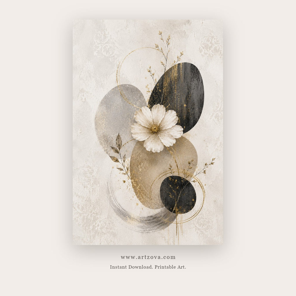Lunar Harmony painting 3 of 3 - a layered black, gray and cream circle softened with leaves and flowers, in beige and charcoal