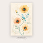 Songbird Garden painting 1 of 4 - a delicate floral study with a colorful songbird and blossoms, in coral pink and aqua