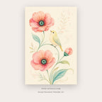 Songbird Garden painting 2 of 4 - a delicate floral study with a colorful songbird and blossoms, in coral pink and aqua